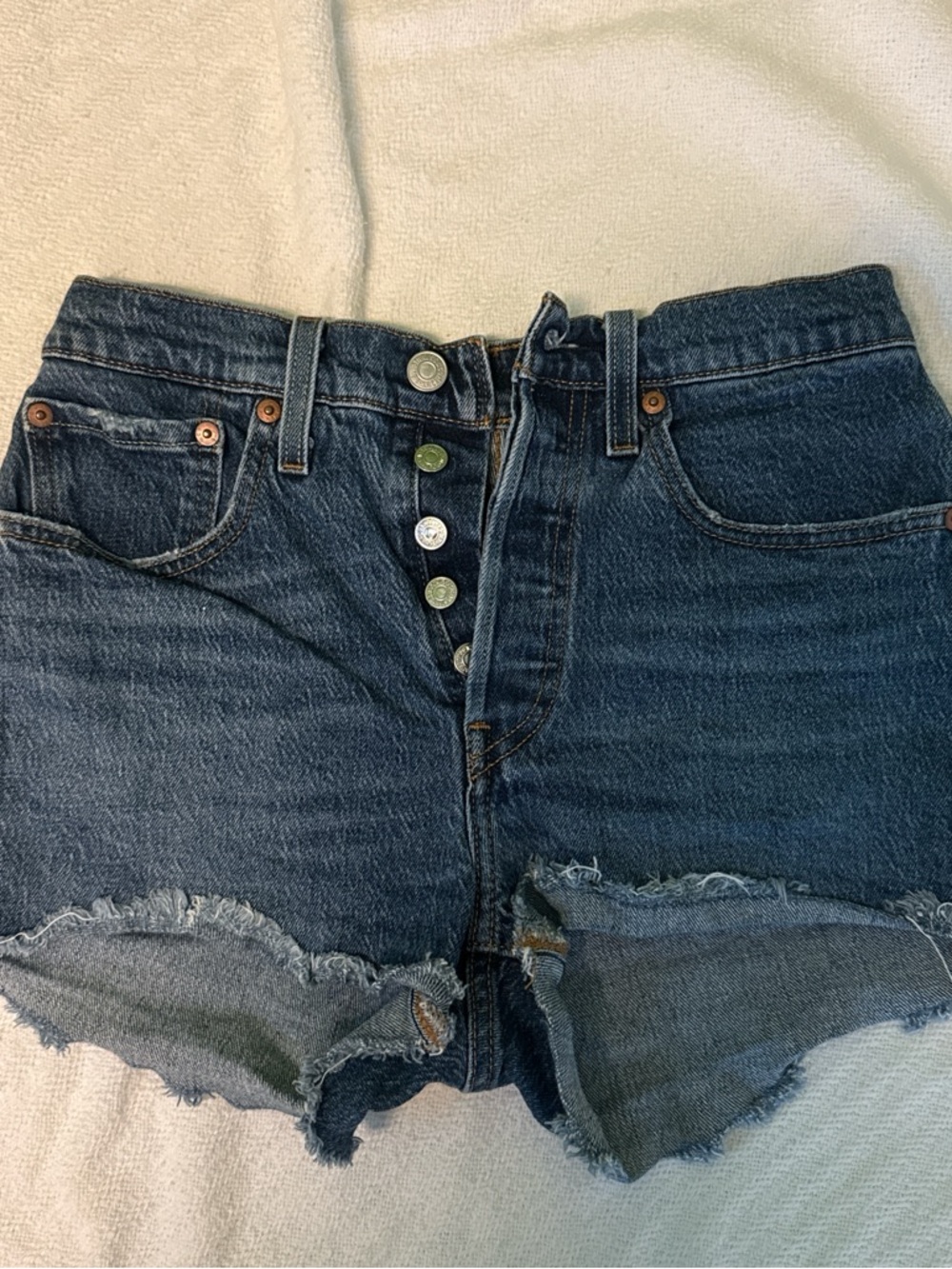 Levi's Dark Blue Button-Fly Distressed Denim Shorts